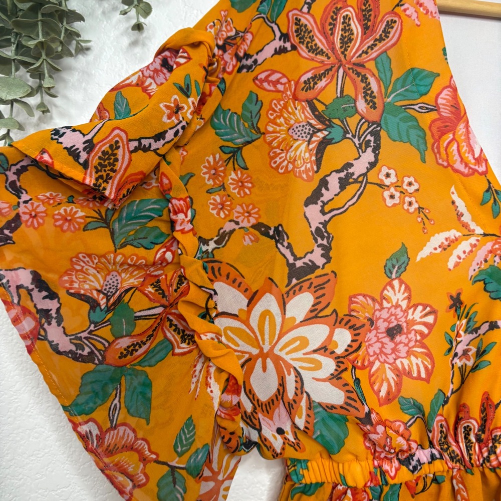 Marc New York Floral Peplum Blouse Orange V-Neck Ruffle Sleeve Top Medium - Picture 3 of 6